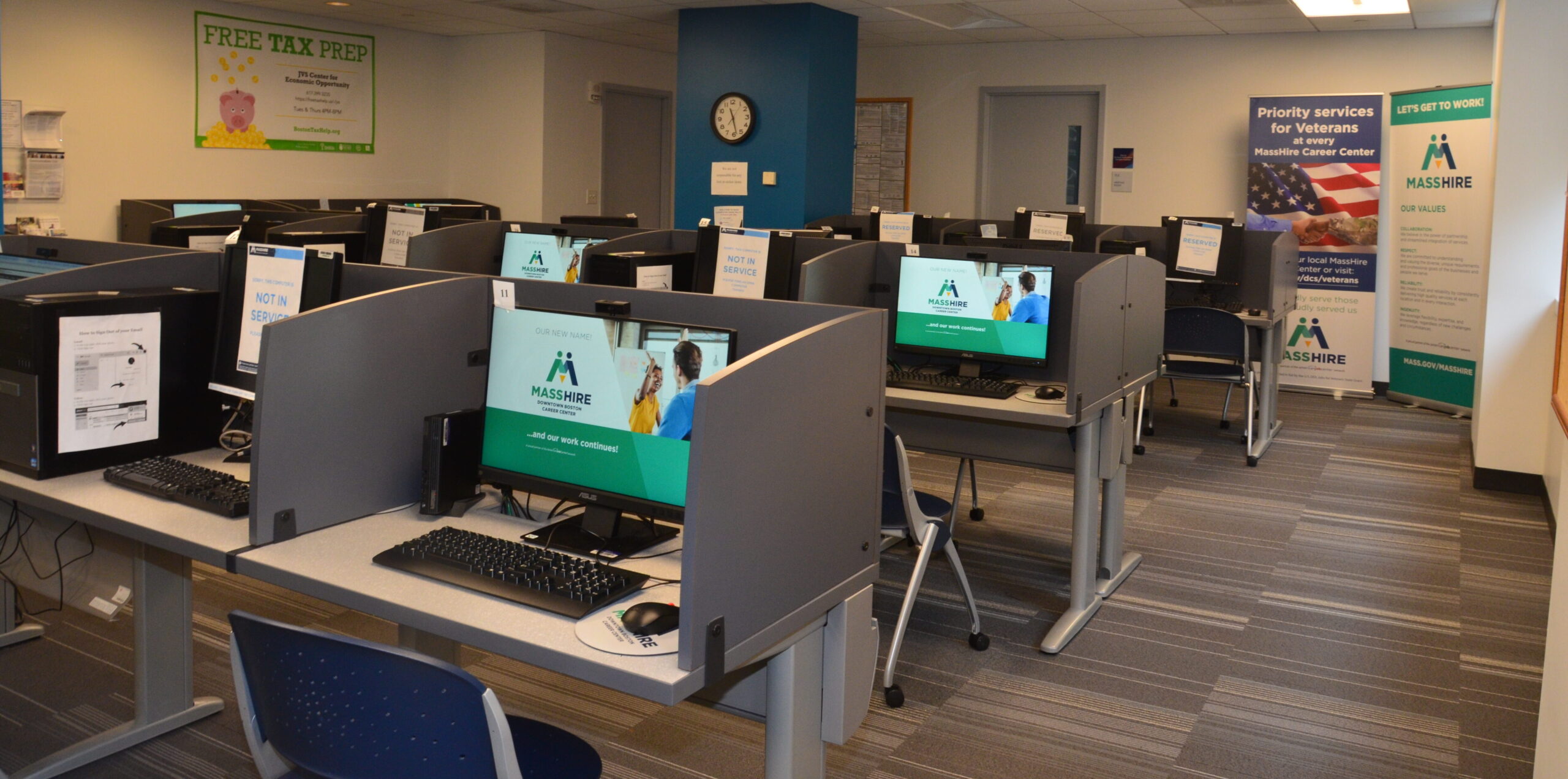 Computer stations in the MassHire Downtown Boston Career Resource Center